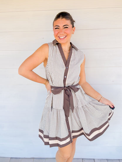 STRIPED RUFFLE HEM SLEEVELESS MINI DRESS
