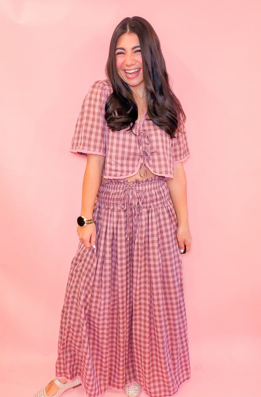 FRONT TIE TOP + MIDI SKIRT SET - MAUVE GING.