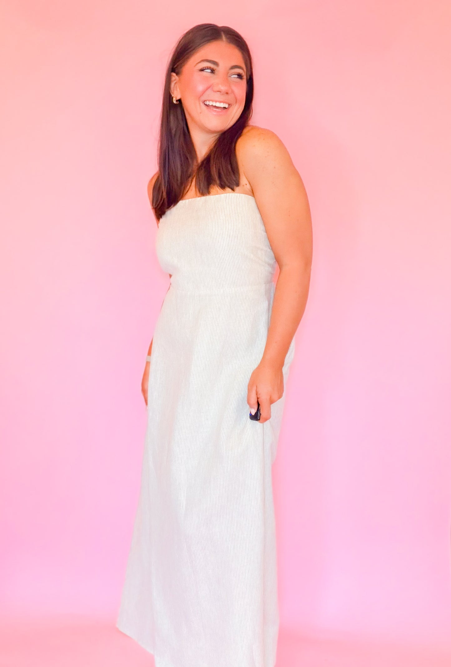STRAPLESS STRIPED LINEN MIDI DRESS