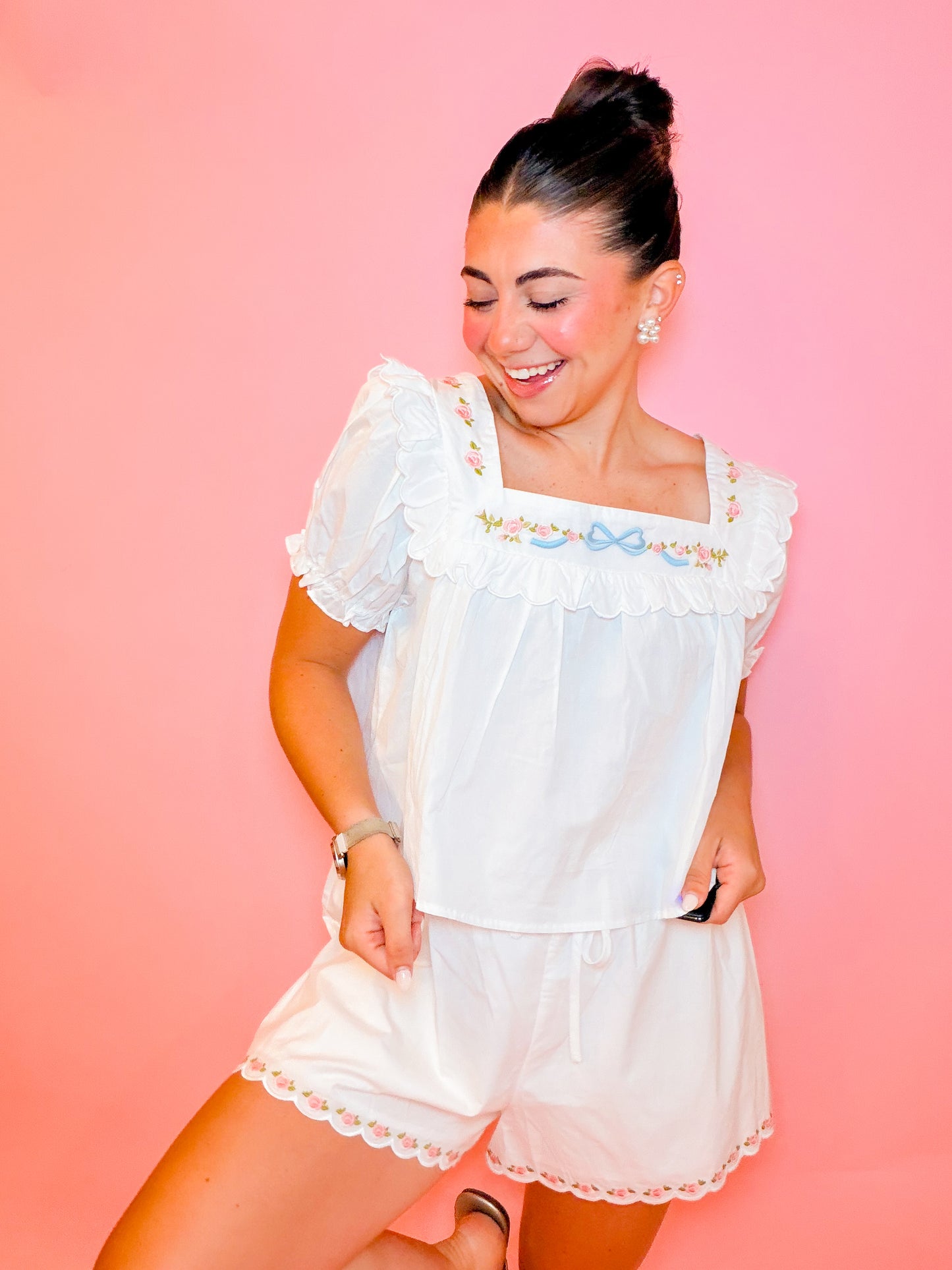 EMBROIDERED SQUARE NECK TOP & SHORT SET - WHITE