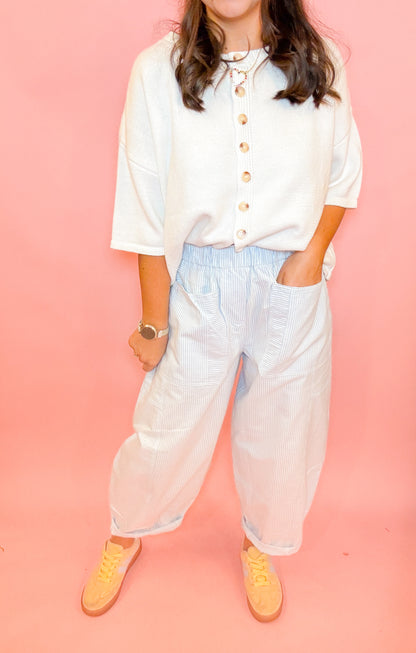 STRIPED OXFORD WIDE POCKET BARREL PANTS