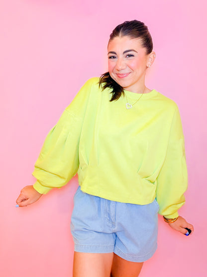 PUFF SLEEVE PLEATED TOP - CHARTREUSE