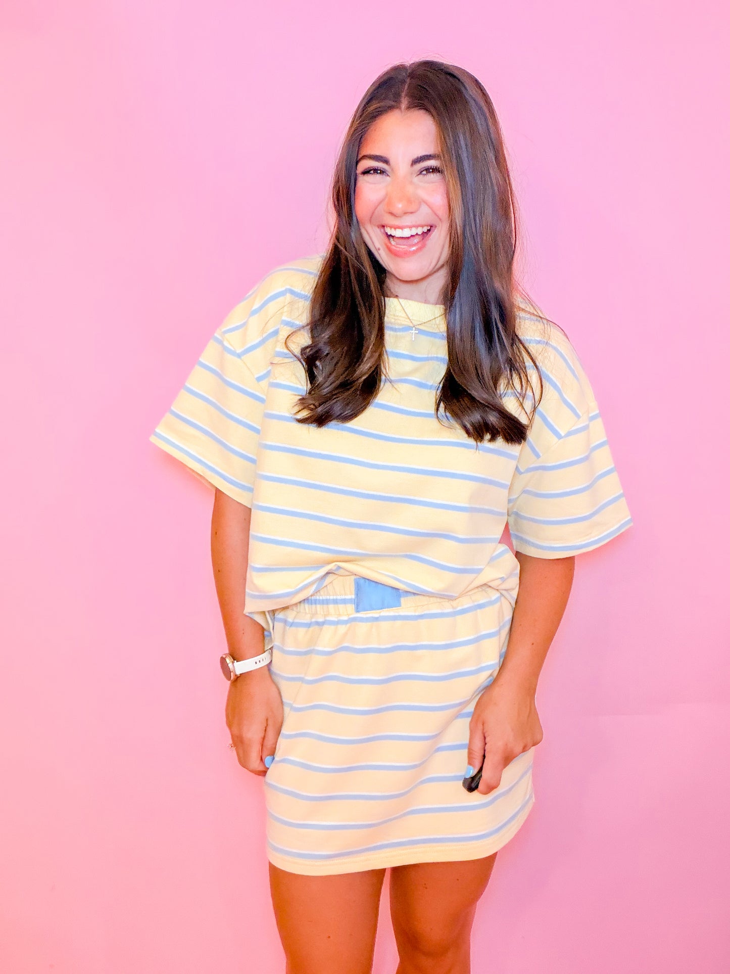 STRIPED LOUNGE TOP & MINI SKORT SET - YELLOW/BLUE