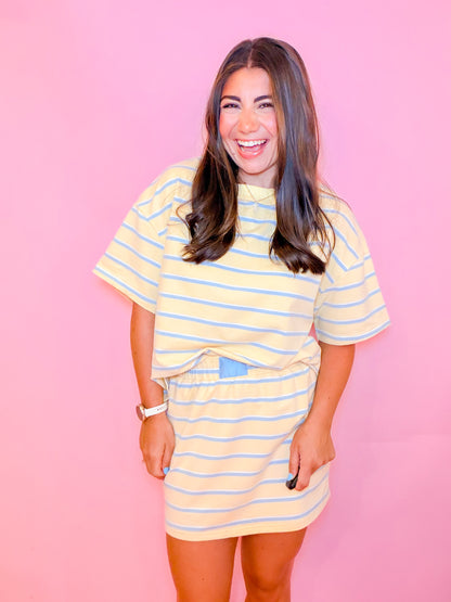 STRIPED LOUNGE TOP & MINI SKORT SET - YELLOW/BLUE