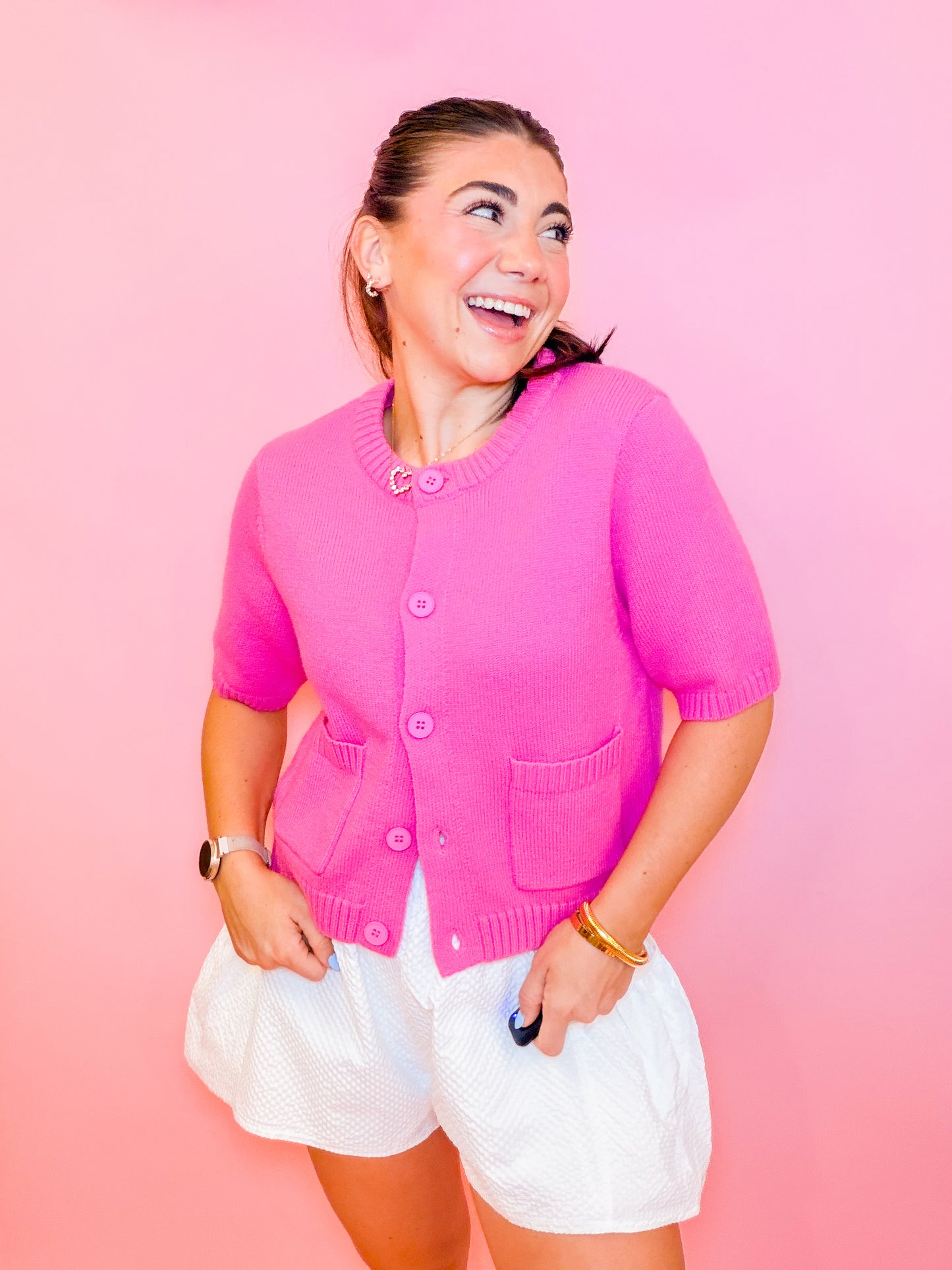 PATCH POCKET CREW NECK CARDIGAN TOP