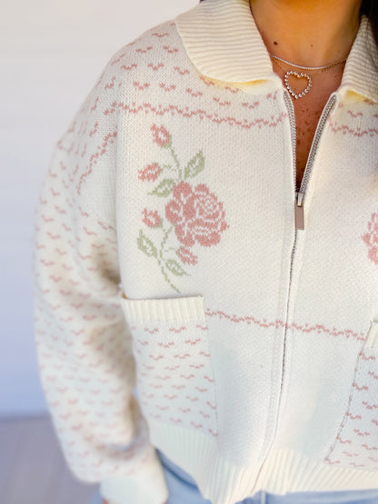 ROSE JACQUARD KNIT ZIP UP JACKET - PINK