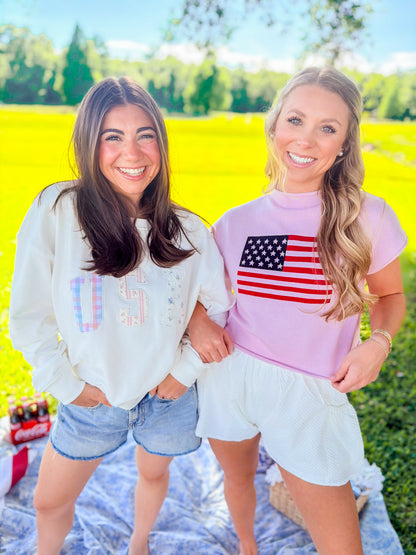 MOCK NECK USA FLAG GRAPHIC SWEATER