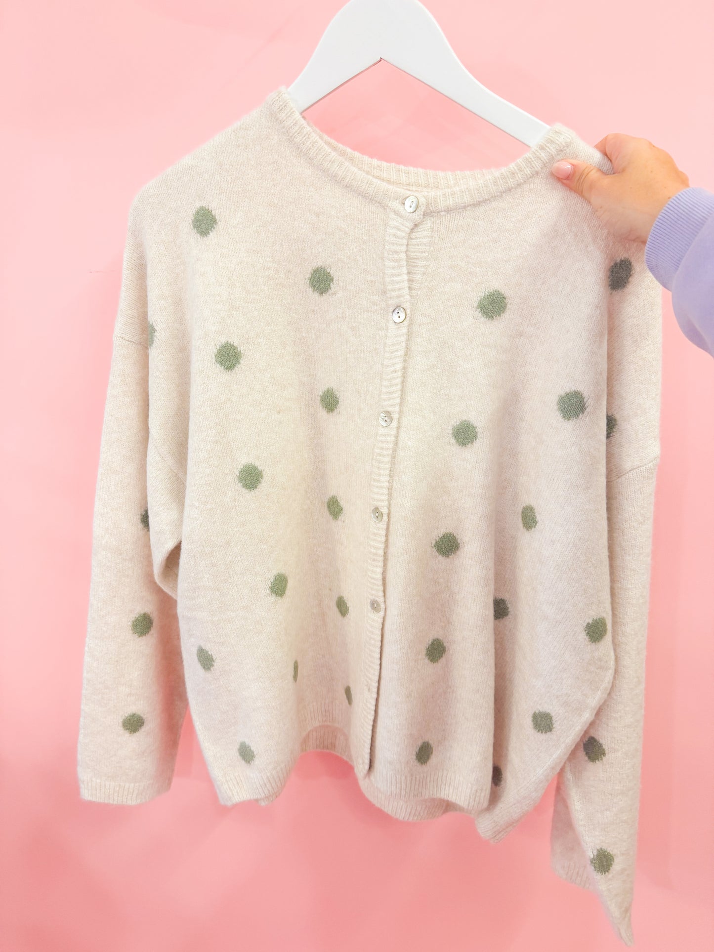 LONG SLEEVE CREW NECK POLKA DOT SWEATER CARDIGAN