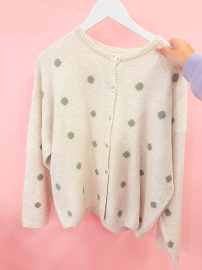 LONG SLEEVE CREW NECK POLKA DOT SWEATER CARDIGAN