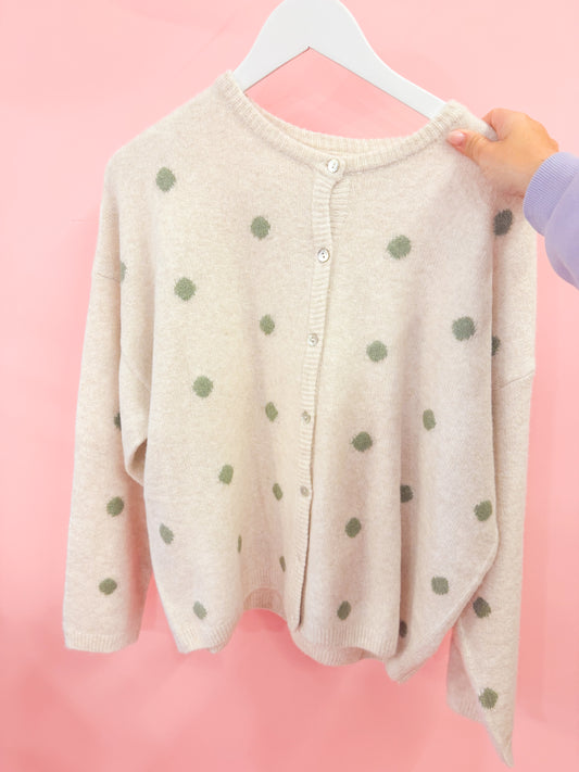 LONG SLEEVE CREW NECK POLKA DOT SWEATER CARDIGAN