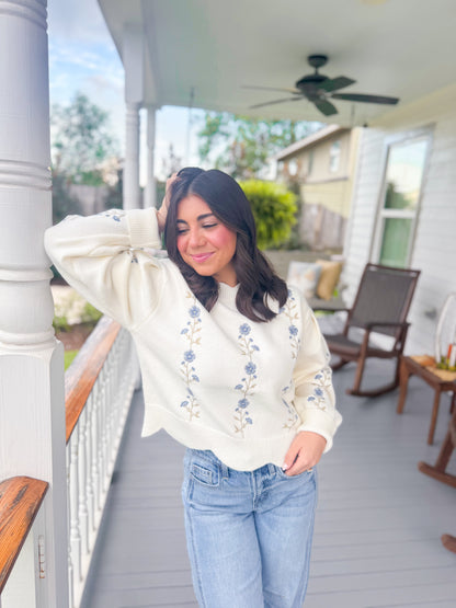 EMBROIDERED FLORAL SCALLOP SWEATER