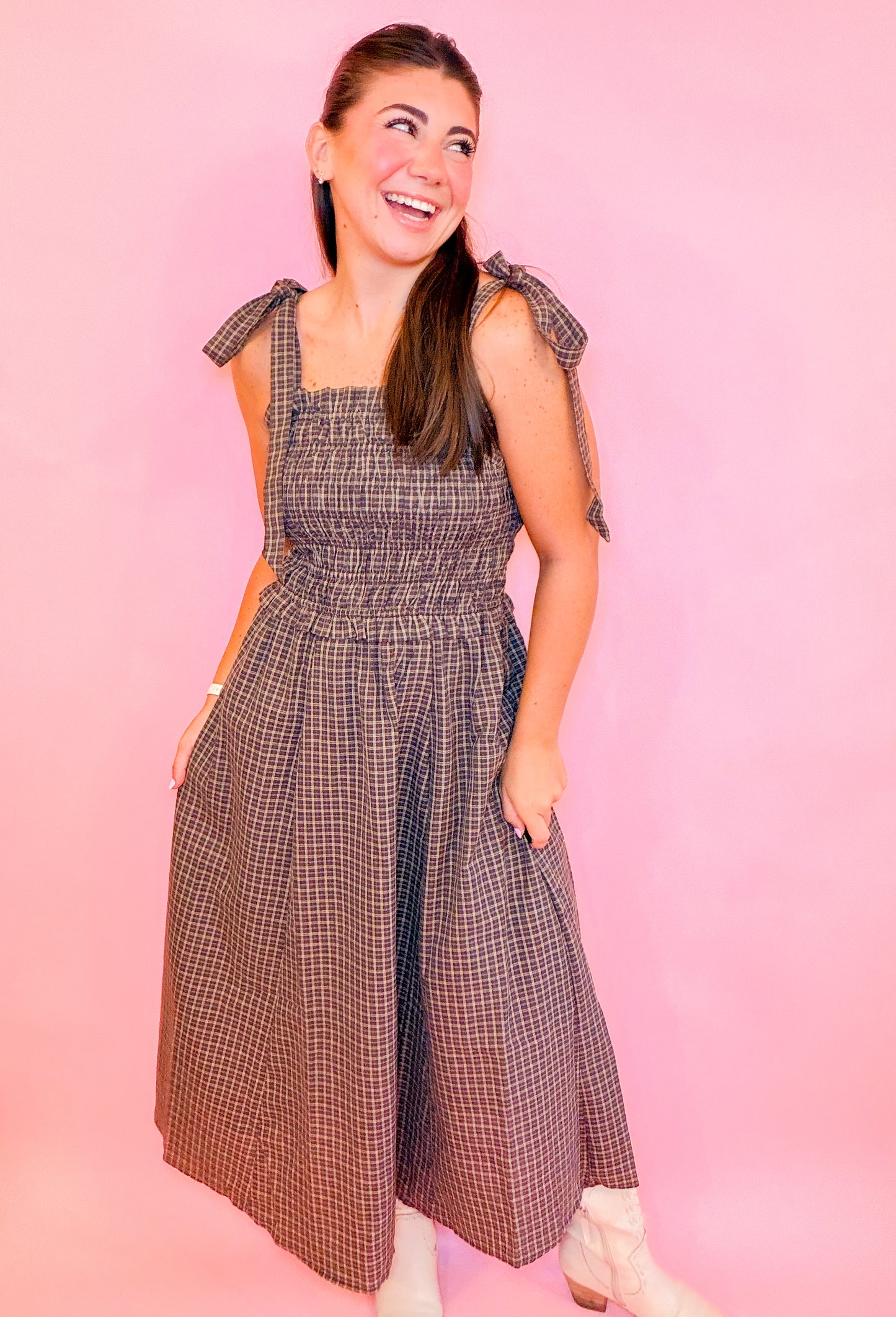 PLAID SMOCKED MIDI DRESS WITH SHOULDER TIE
