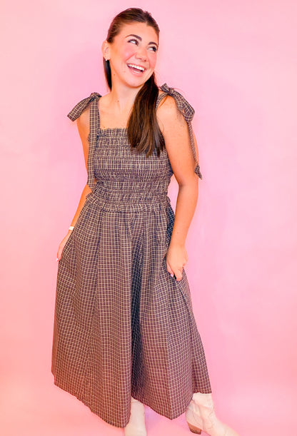 PLAID SMOCKED MIDI DRESS WITH SHOULDER TIE