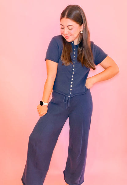SCALLOP EDGE KNIT TOP + PANTS SET - NAVY