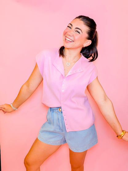 CAP SLEEVE LIGHTWEIGHT SWEATER - LIGHT PINK