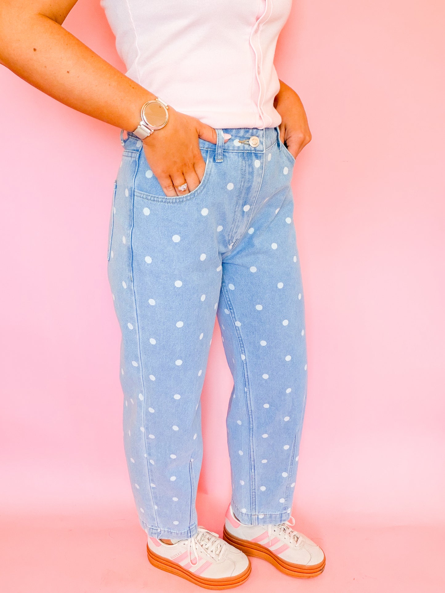 POLKA DOT PRINTED DENIM ANKLE JEANS