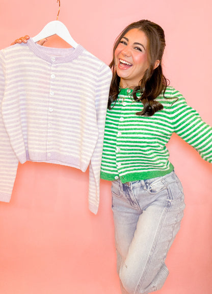 STRIPED SWEATER CARDIGAN - KELLY GREEN
