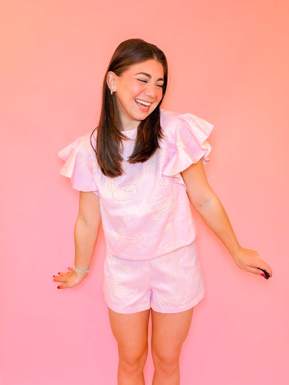EYELET EMBROIDERD FLUTTER SLV TOP & SHORT SET