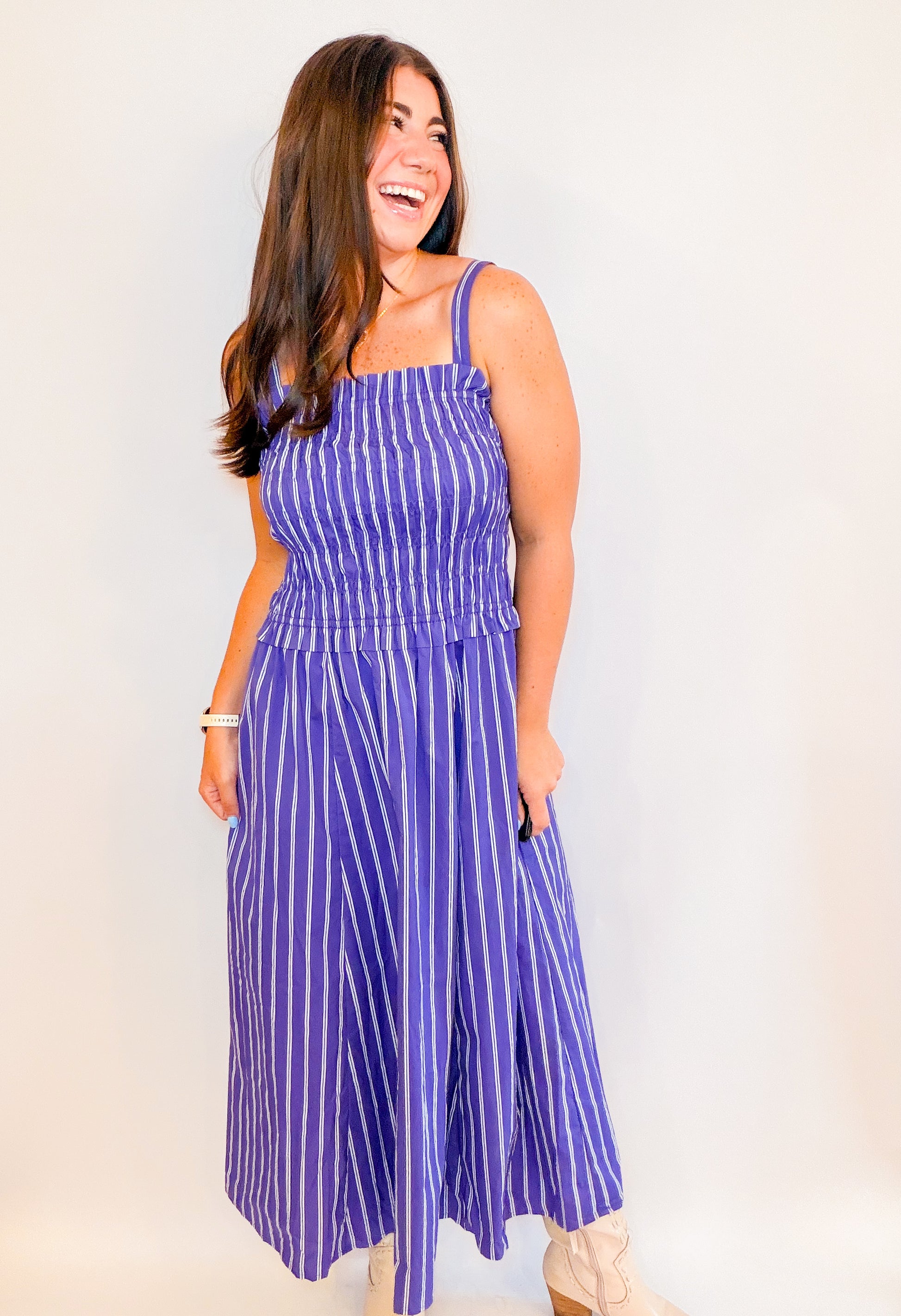 STRIPED MIDI DRESS WITH SMOCKED BODICE – Riley Rae Boutique