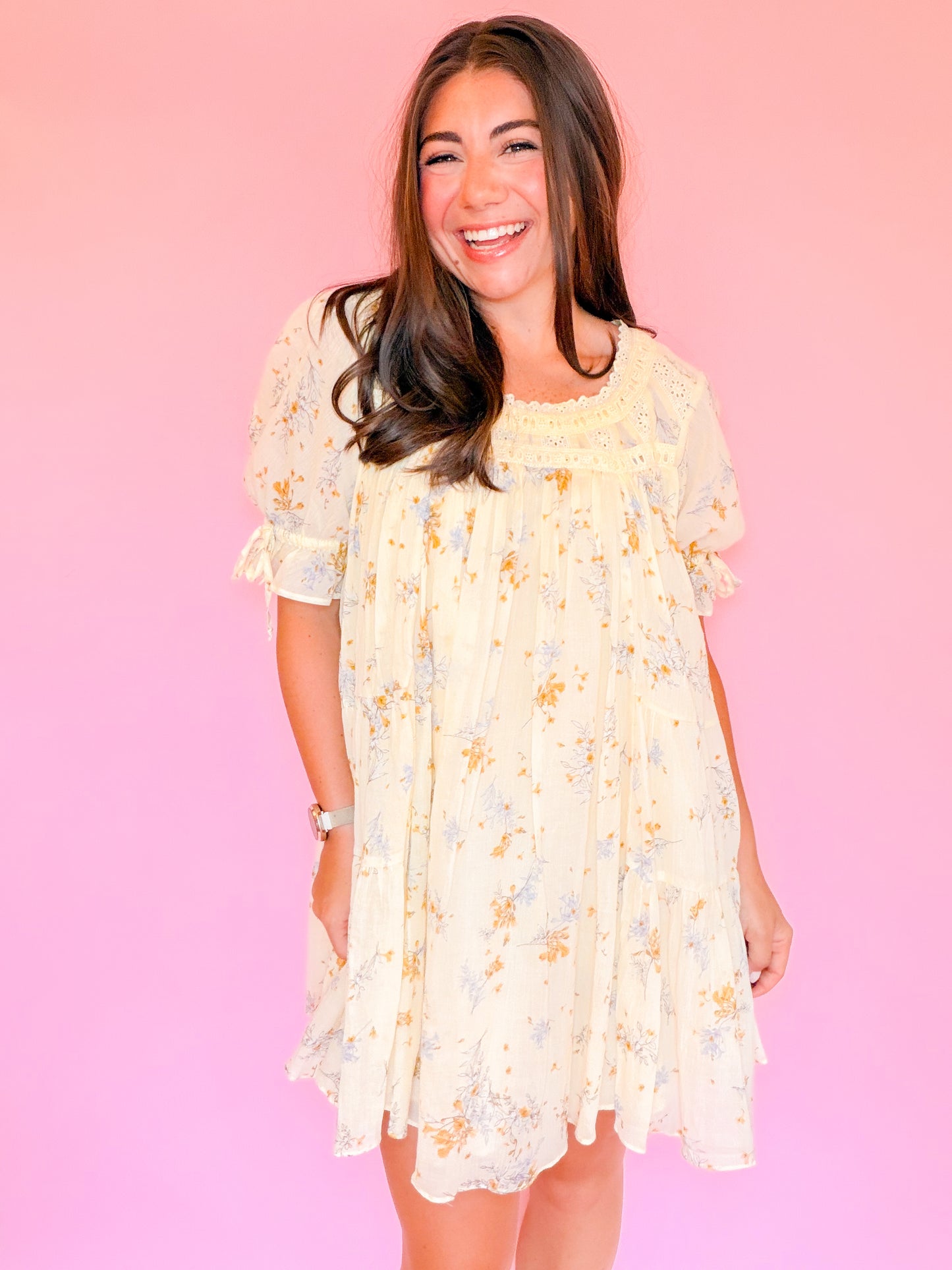 CROCHET FLORAL TIERED DRESS - BUTTER