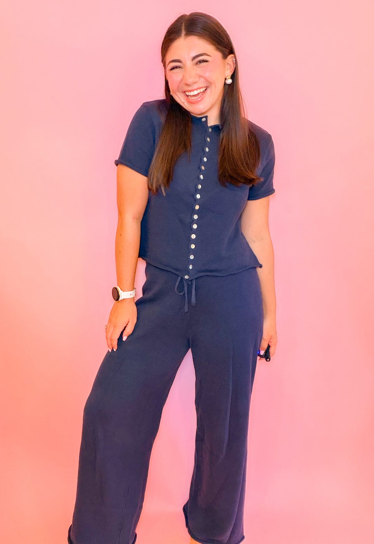 SCALLOP EDGE KNIT TOP + PANTS SET - NAVY