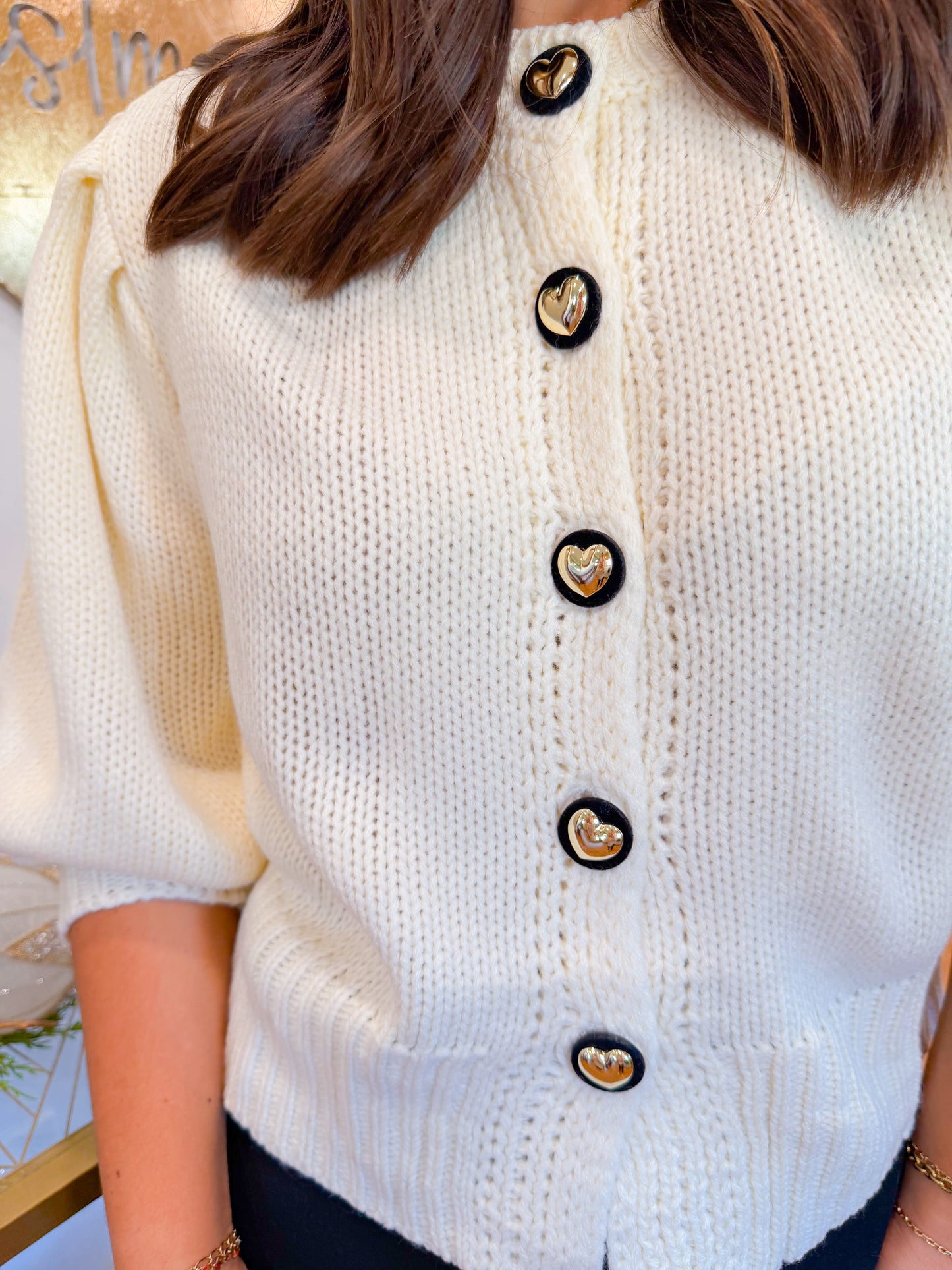 SHORT PUFF SLEEVE BUTTON DOWN SWEATER