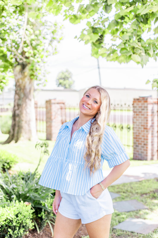 STRIPED BABYDOLL BUTTON DOWN TOP