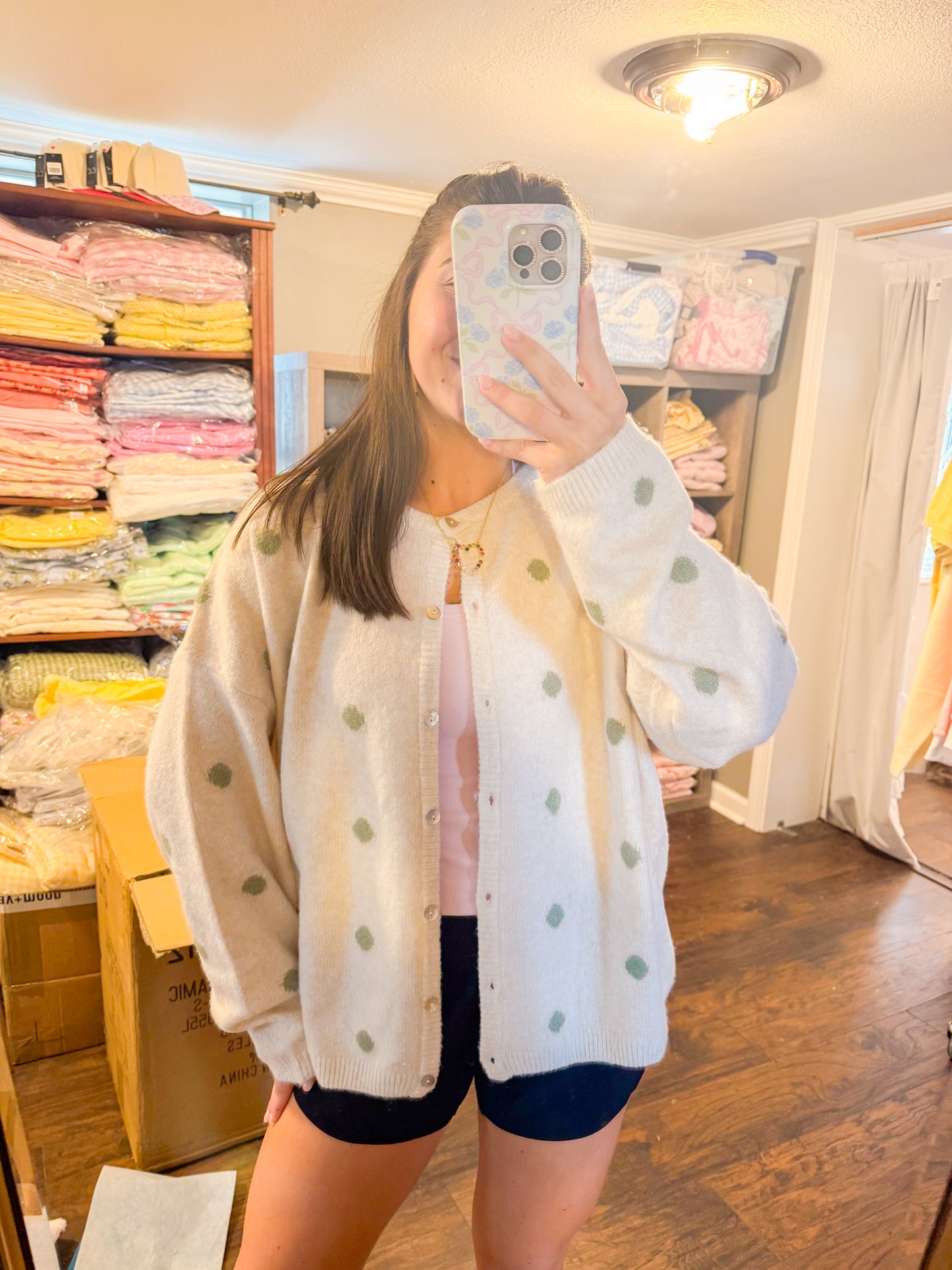 LONG SLEEVE CREW NECK POLKA DOT SWEATER CARDIGAN