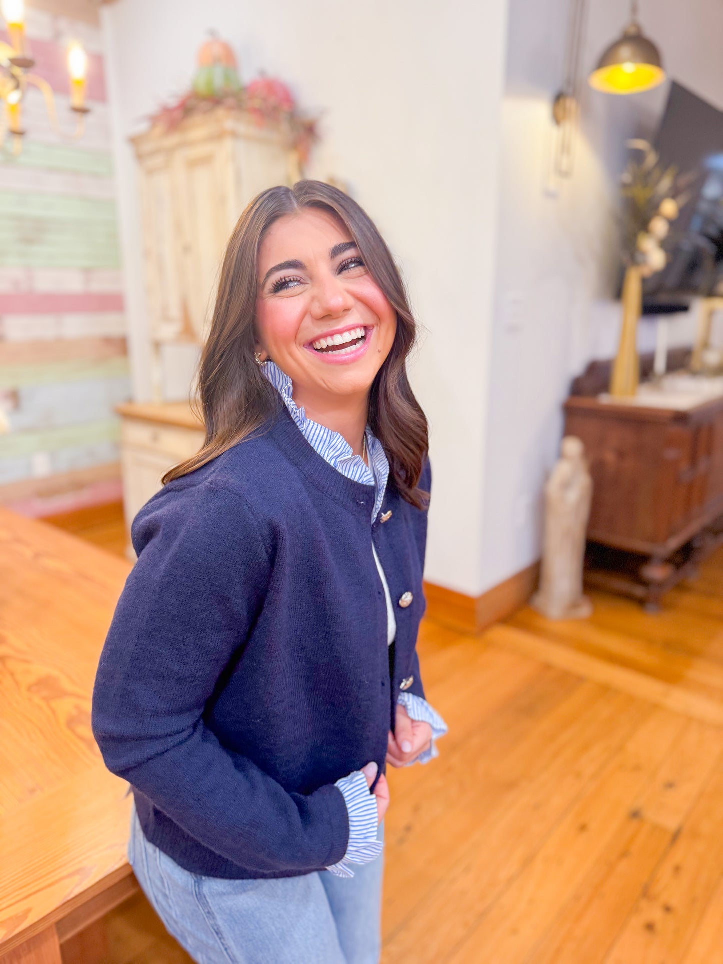 RUFFLE DETAIL BUTTON DOWN CARDIGAN