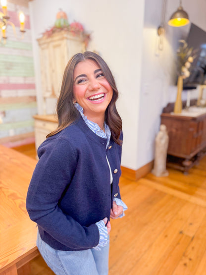 RUFFLE DETAIL BUTTON DOWN CARDIGAN