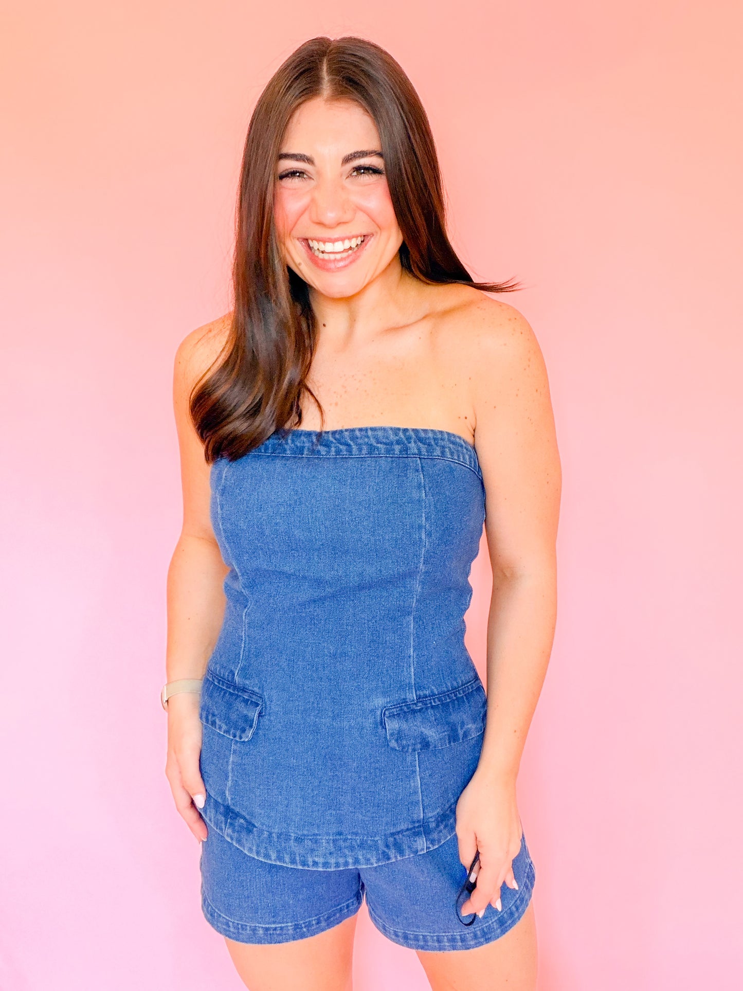 STRAPLESS 2FER DENIM ROMPER