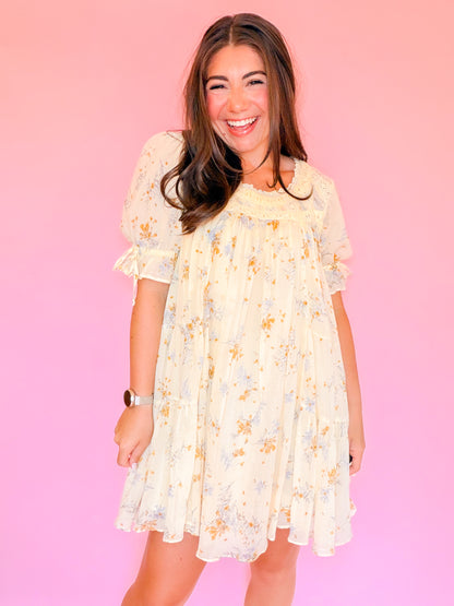 CROCHET FLORAL TIERED DRESS - BUTTER