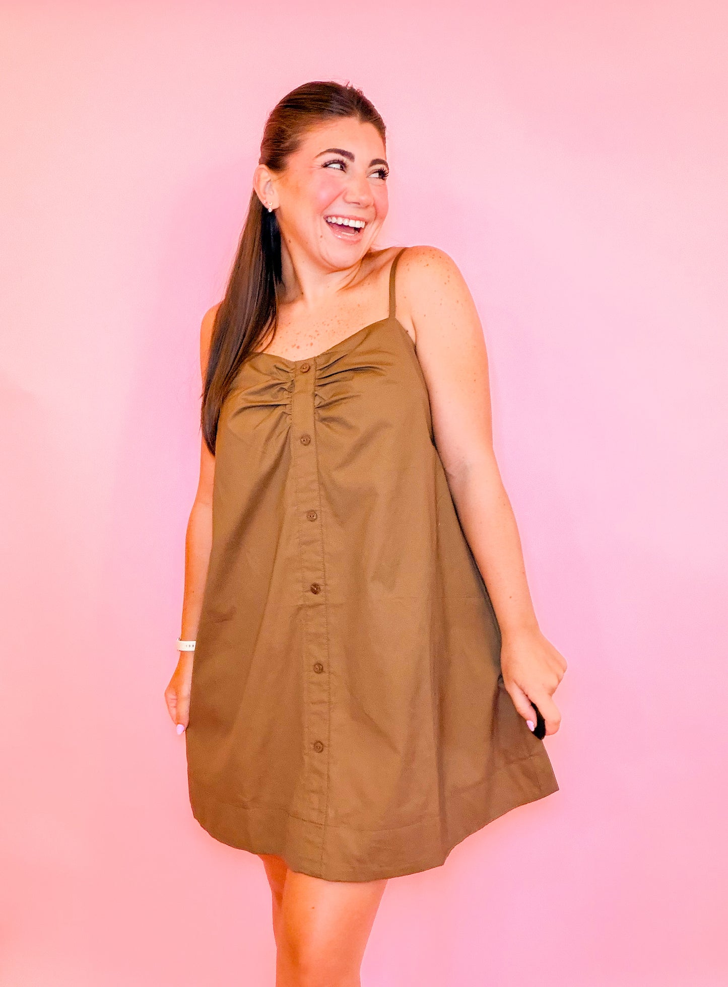 POPLIN RUCHED FAUX BUTTON CAMI MINI DRESS - BROWN