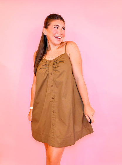 POPLIN RUCHED FAUX BUTTON CAMI MINI DRESS - BROWN