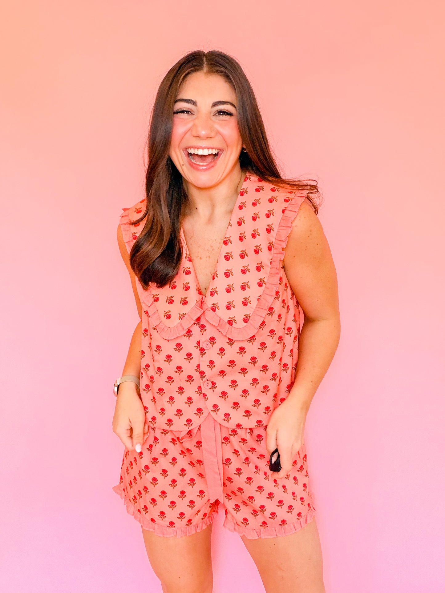 DITSY FLORAL SLEEVELESS COLLAR TOP & RUFFLE SHORTS SET