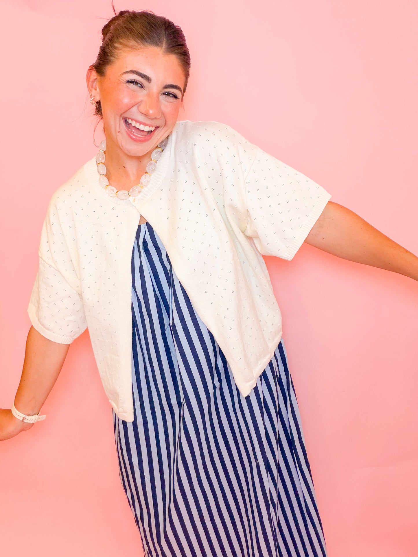 POINTELLE SINGLE BUTTON CARDIGAN - IVORY