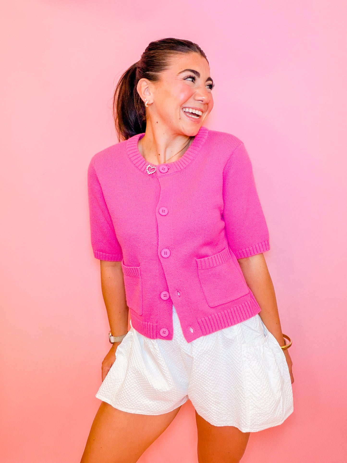 PATCH POCKET CREW NECK CARDIGAN TOP