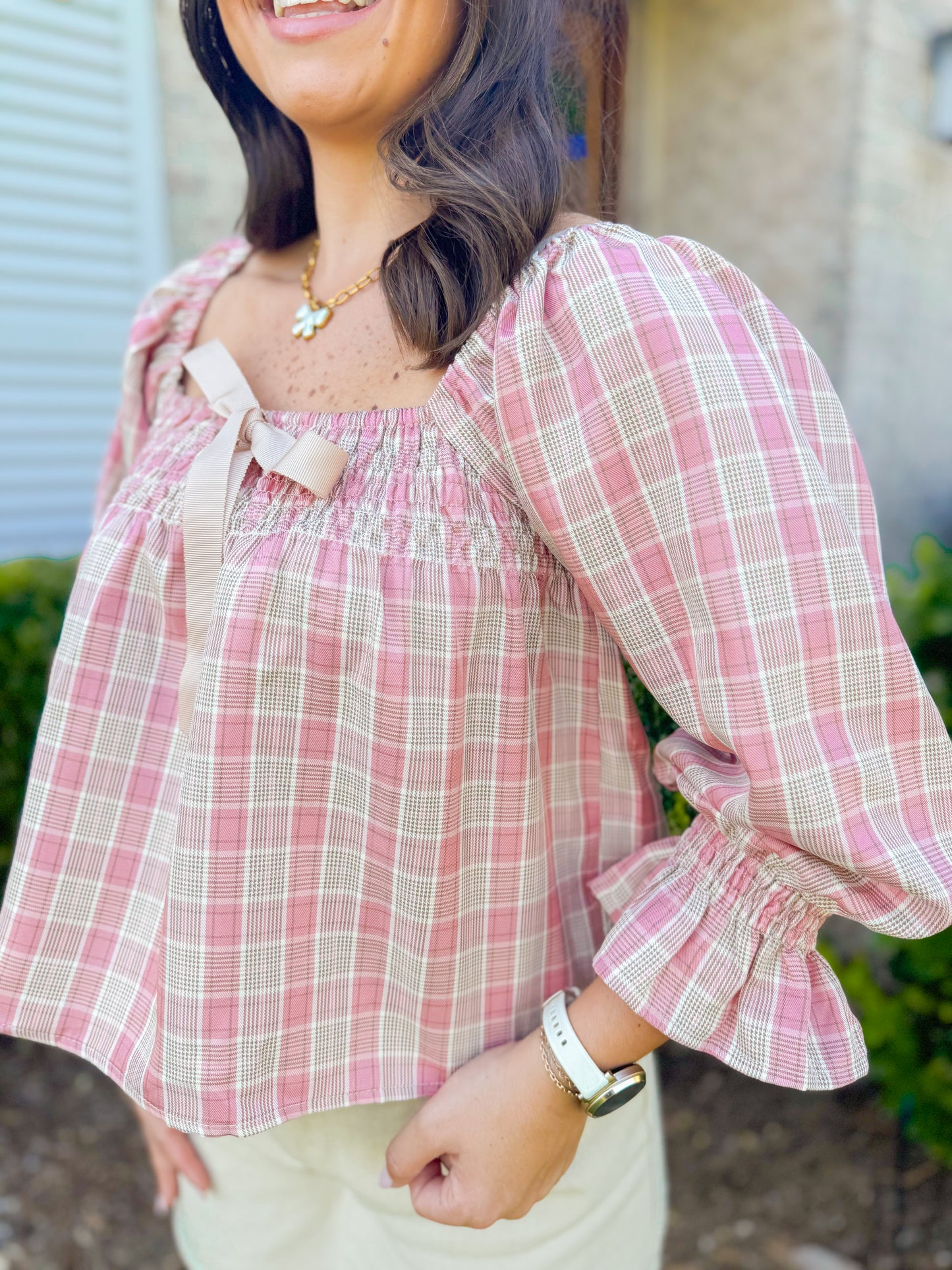 PLAID SQUARE NECK BOW DETAIL TOP