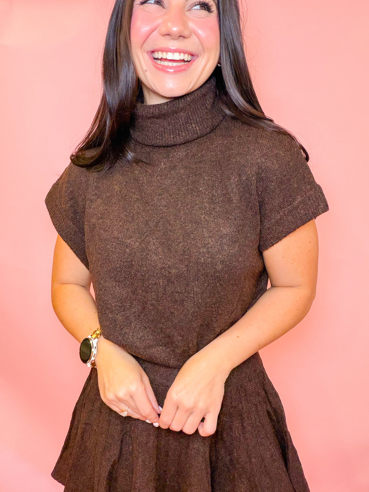 TURTLENECK TOP + PLEATED SKIRT SET - DARK BROWN