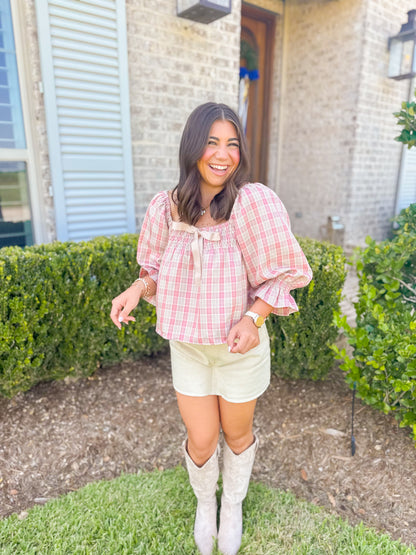 PLAID SQUARE NECK BOW DETAIL TOP