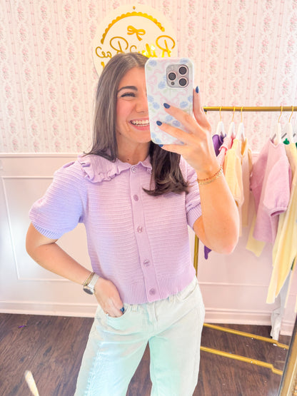 RIBBED KNIT RUFFLE COLLAR TOP - LAVENDER