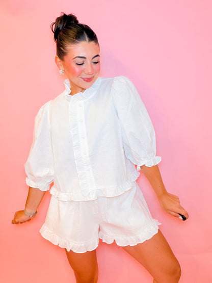 RUFFLE LINEN SHIRT + SHORTS SET