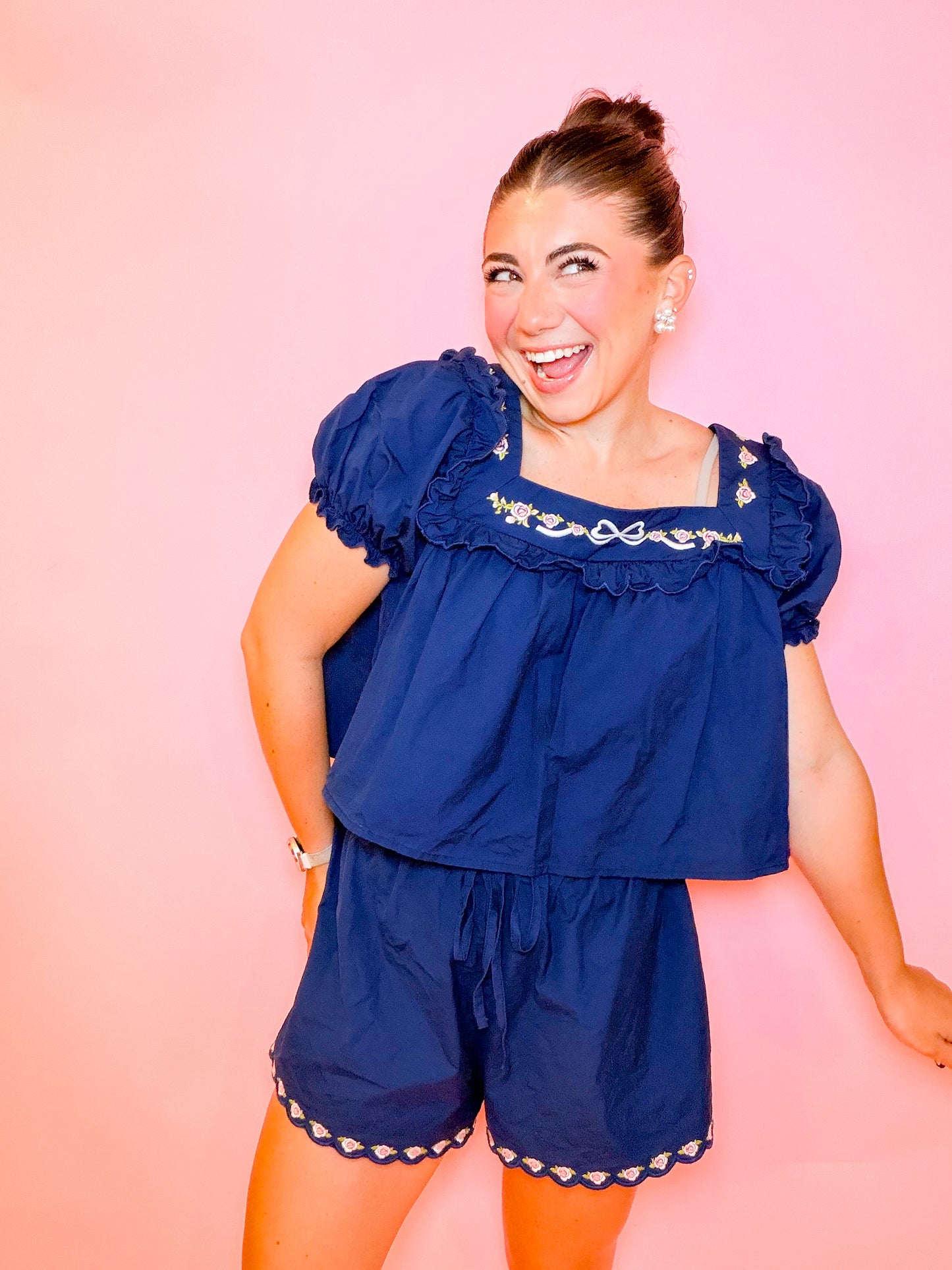 EMBROIDERED SQUARE NECK TOP & SHORT SET - NAVY