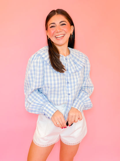 GINGHAM LONG SLEEVE BLOUSE - BLUE