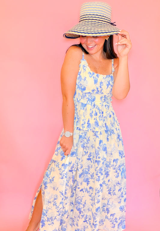 SMOCKED WAIST MIDI DRESS - BUTTER/BLUE