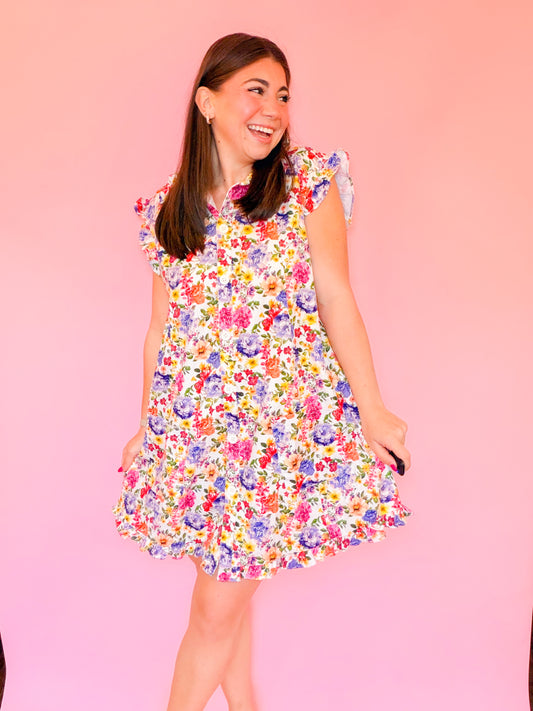 RUFFLE EDGE FLORAL DENIM DRESS