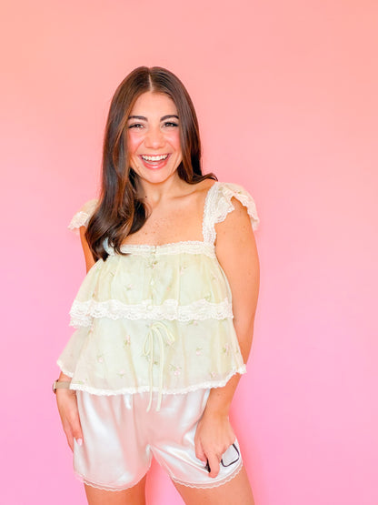 LACE TRIMMED TIERED RUFFLE TOP - SAGE