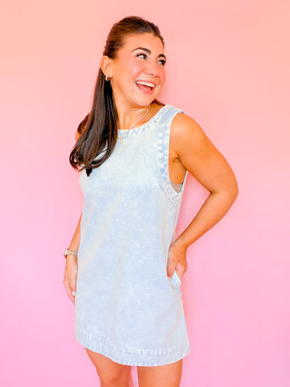 HIGH NECK LOW BACK DENIM DRESS