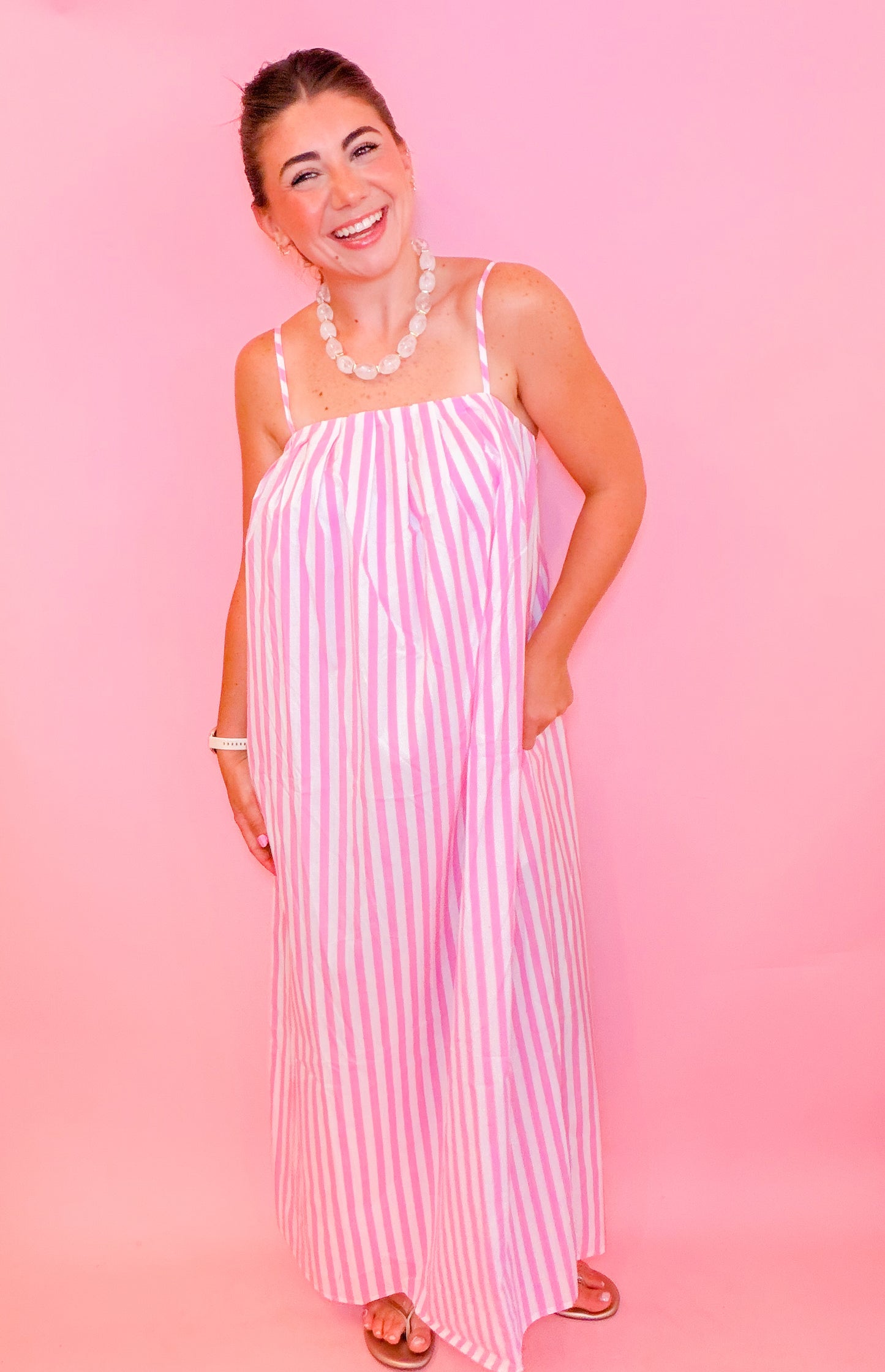 STRIPED MIDI DRESS - PINK/WHITE