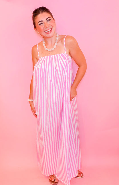 STRIPED MIDI DRESS - PINK/WHITE